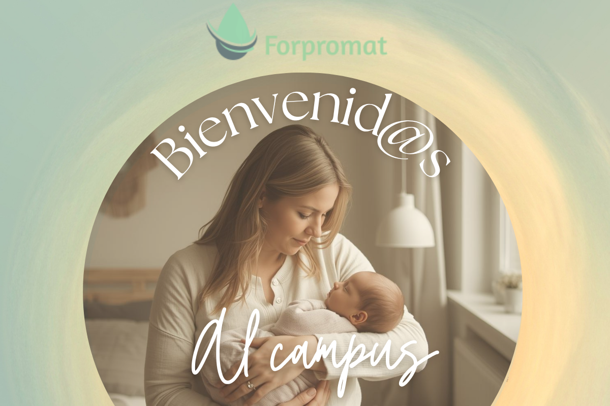 Madre sosteniendo un bebé en la imagen de bienvenida del campus de forpromat